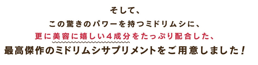 そして、この驚きのパワーを持つミドリムシに、更に美容に嬉しい4成分をたっぷり配合した、最高傑作のミドリムシサプリメントをご用意しました!